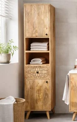 Badhochschrank 40x180cm 'Lyn' Mangoholz mit schwarzen Ornamenten