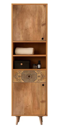 Badhochschrank 40x180cm 'Lyn' Mangoholz mit schwarzen Ornamenten