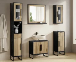 Badunterschrank 30x90cm 'Namibia' Eiche & Mango schwarz