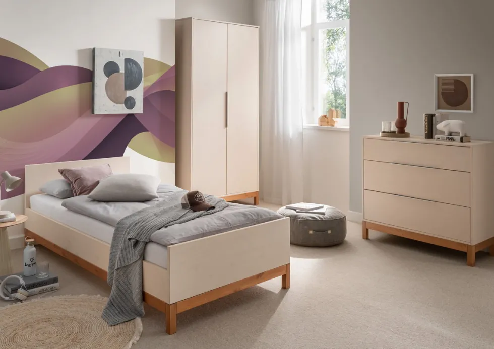 Bett inkl.Rollrost 90x200cm "Annabell" Kiefer creme & gebeizt