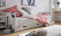 Bett mit Schubladen 90x200cm "Maja" Kiefer massiv weiß lackiert