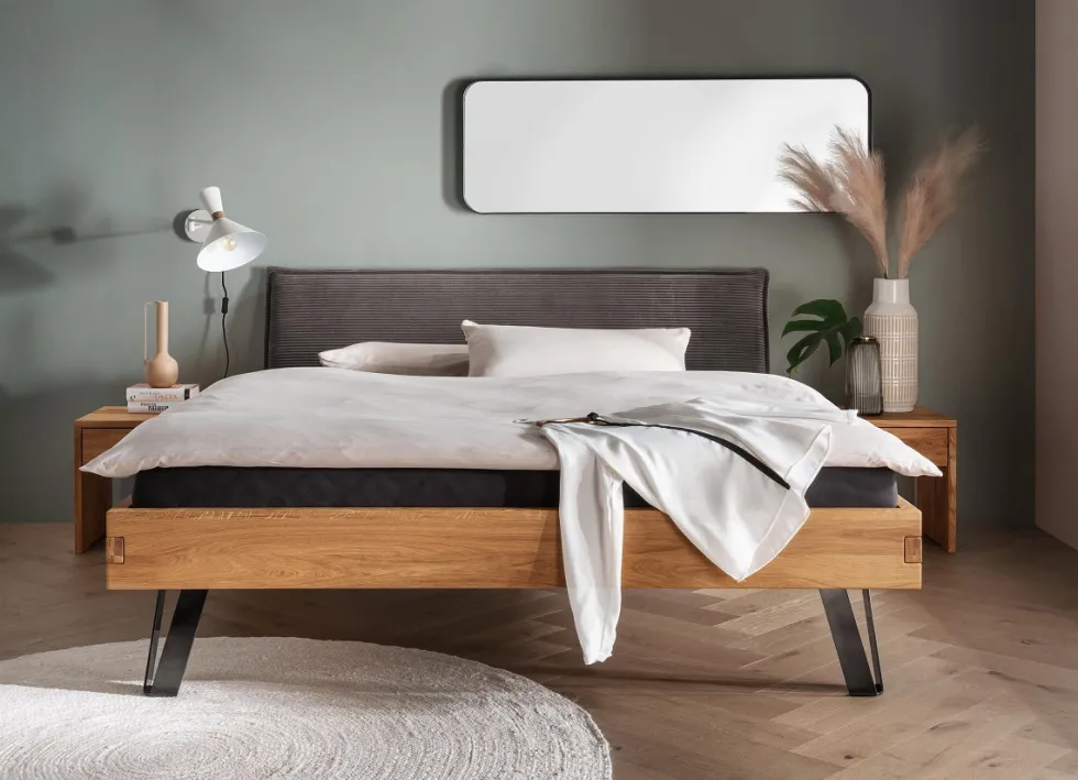 Bett Wildeiche massiv Cord braun 'Luca' verschiedene Größen 140x200cm