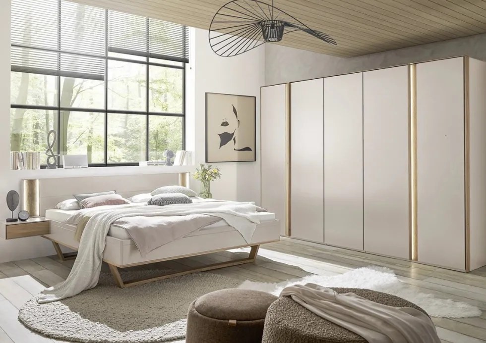 Bett 160x200cm inkl.Beleuchtung & Nakos 'Wynwood' Wildeiche & MDF creme