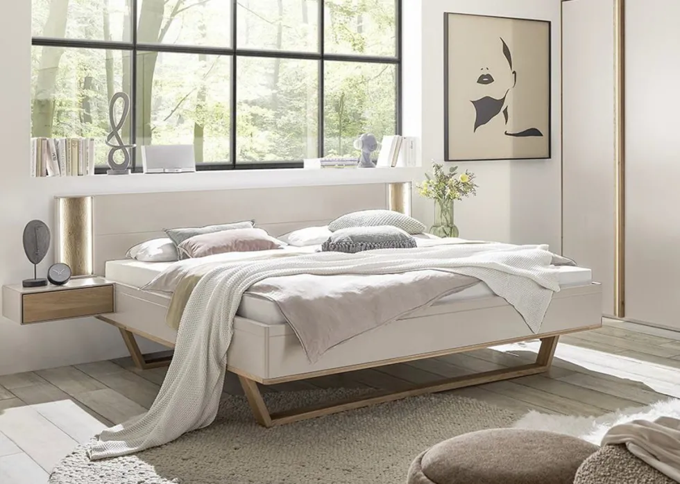Bett 140x200cm inkl.Beleuchtung & Nakos 'Wynwood' Wildeiche & MDF creme