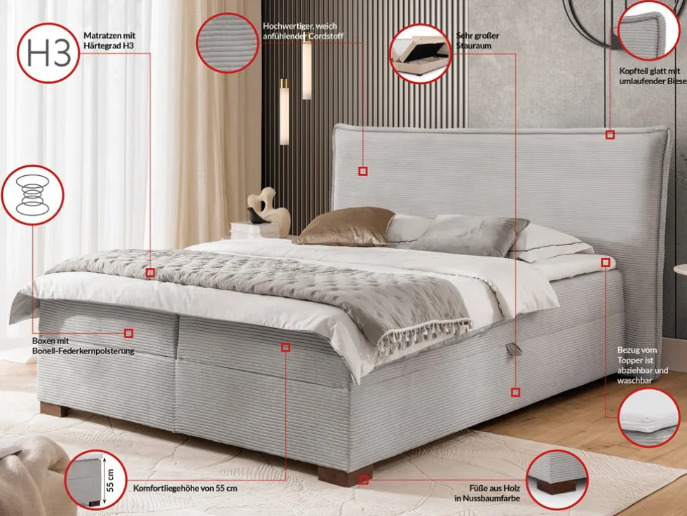 Boxspringbett inkl. Topper 'Olivia' verschiedene Größen Cordstoff grau 180 x 200 cm
