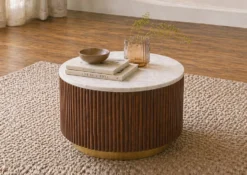 Couchtisch 60cm mit Tür "Valencia"' Mango braun lackiert & Marmor weiss