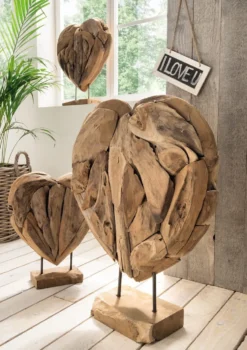3er-Set Deko-Herz auf Ständer "Herz" Teak natur
