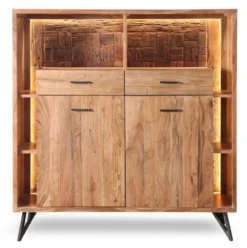Highboard inkl.Beleuchtung 145x150cm 'Hunter' Akazie massiv