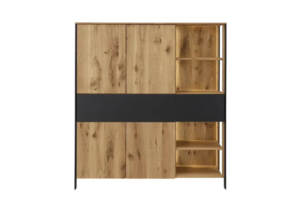 Highboard mit Beleuchtung 128x143cm 'Boston ' Wildeiche geölt & Glas anthrazit