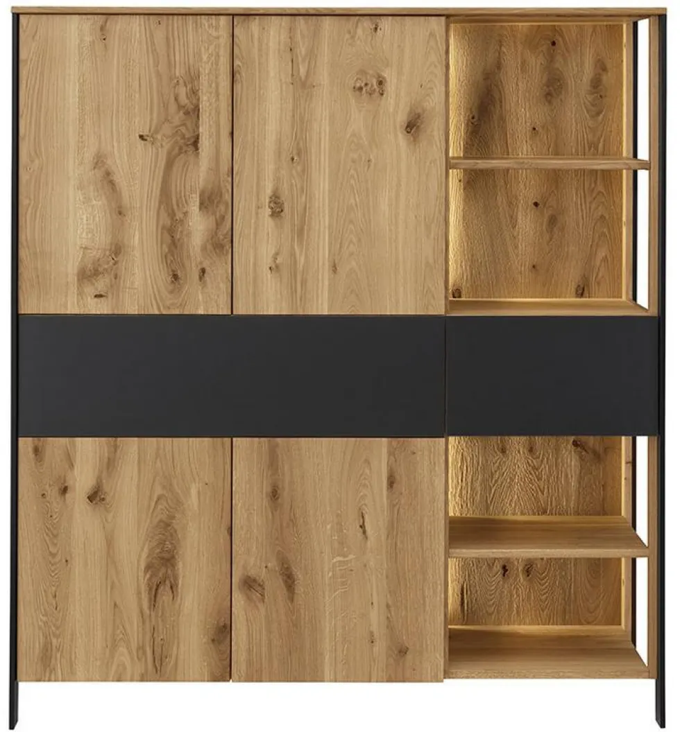 Highboard mit Beleuchtung 128x143cm 'Boston ' Wildeiche geölt & Glas anthrazit