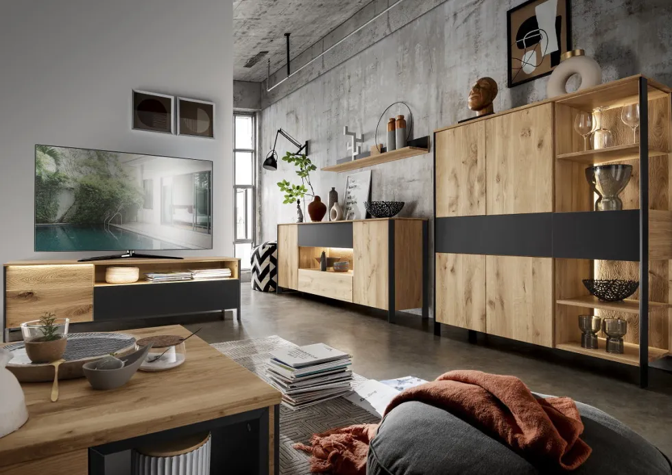 Highboard mit Beleuchtung 128x143cm 'Boston ' Wildeiche geölt & Glas anthrazit