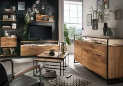 Highboard mit Glas 115x138cm "Dublin" Wildeiche & Eisen schwarz
