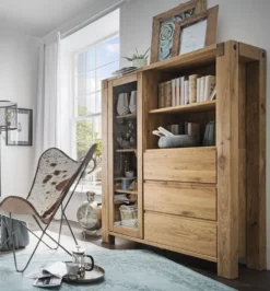Highboard mit Glas 119x155cm 'Palermo' Eiche massiv geölt