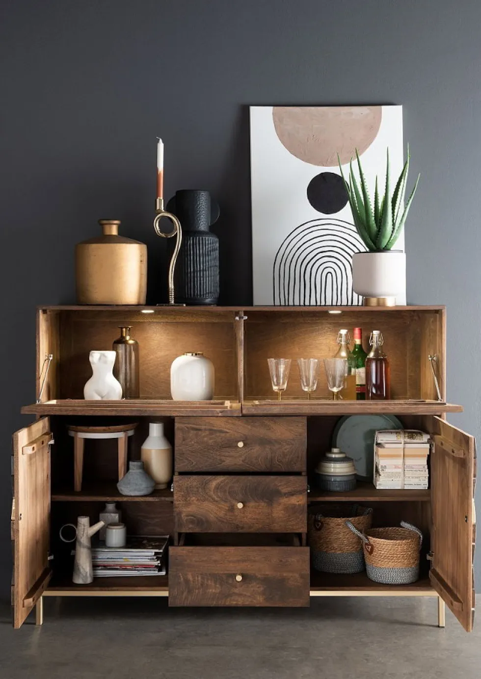 Highboard 146x115cm "Assuan" Mango & Metall goldfarbig WZ-0462