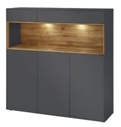 Highboard 135x133cm 'Locarno' Wildeiche massiv & MDF anthrazit inkl.Beleuchtung