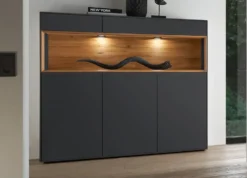 Highboard 135x133cm 'Locarno' Wildeiche massiv & MDF anthrazit inkl.Beleuchtung