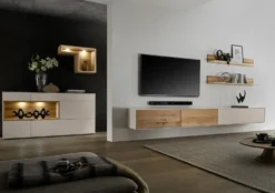 Highboard 135x133cm 'Locarno' Wildeiche massiv & MDF creme inkl.Beleuchtung