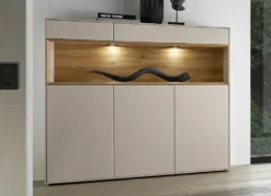 Highboard 135x133cm 'Locarno' Wildeiche massiv & MDF creme inkl.Beleuchtung