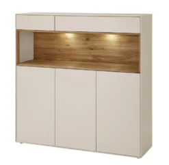 Highboard 135x133cm 'Locarno' Wildeiche massiv & MDF creme inkl.Beleuchtung