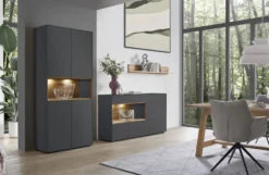 Highboard 90x133cm 'Locarno' Wildeiche massiv & MDF anthrazit inkl.Beleuchtung