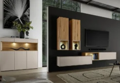 Highboard 90x133cm 'Locarno' Wildeiche massiv & MDF creme inkl.Beleuchtung