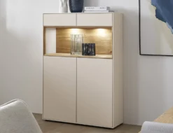 Highboard 90x133cm 'Locarno' Wildeiche massiv & MDF creme inkl.Beleuchtung