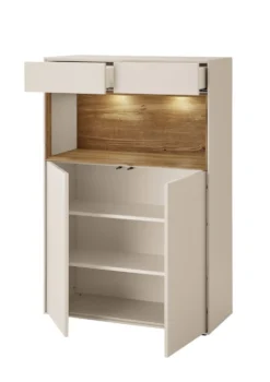 Highboard 90x133cm 'Locarno' Wildeiche massiv & MDF creme inkl.Beleuchtung