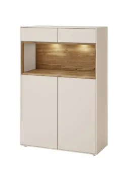 Highboard 90x133cm 'Locarno' Wildeiche massiv & MDF creme inkl.Beleuchtung