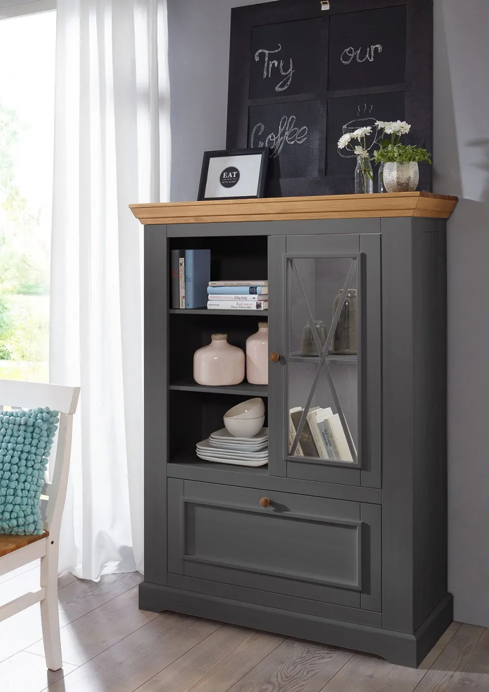 Highboard 108x152cm "Zürich II" Kiefer massiv grau WZ-0133