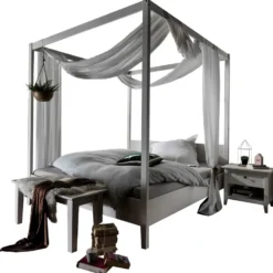 Himmelbett verschieden Breiten 'Jana' Kiefer massiv weiß gewachst 200x200cm