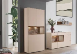 Hängevitrine 35x120cm 'Locarno II' Nussbaum massiv & Front MDF creme inkl.Beleuchtung