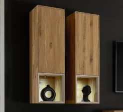 Hängevitrine 35x120cm 'Locarno' Wildeiche massiv & Rahmen MDF creme inkl.Beleuchtung