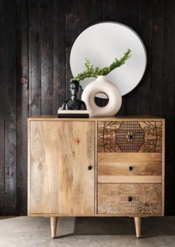 Kommode 90x80cm 'Lyn' Mangoholz mit schwarzen Ornamenten