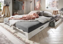 Palettenbett mit Schubkästen 140x200cm 'Finja' Kiefer massiv weiß