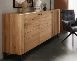 Sideboard 200cm Wildeiche 'Amalfi' verschiedene Ausführungen 3Türen mit Glasplatte Holzfüße rund schwarz