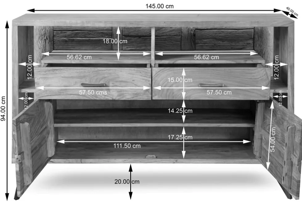 Sideboard inkl.Beleuchtung 145x94cm 'Hunter' Akazie massiv