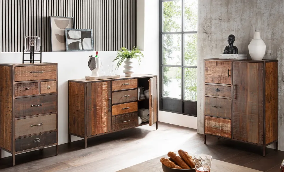 Sideboard 150x90cm 'Compton' recyceltes Altholz & Eisen vintage