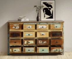 Sideboard 155x92cm 'Hawkins' recyceltes Altholz mehrfarbig lackiert 16 Schubkästen