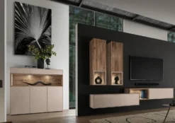 Sideboard 166x86cm 'Locarno II' Nussbaum massiv & MDF creme inkl.Beleuchtung