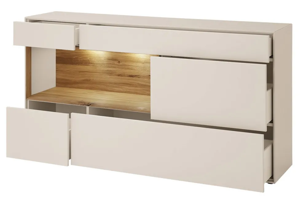 Sideboard 166x86cm 'Locarno' Wildeiche massiv & MDF creme inkl.Beleuchtung