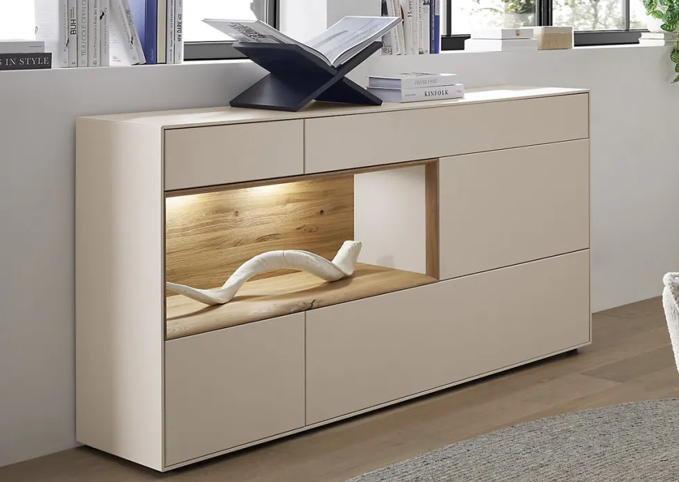 Sideboard 166x86cm 'Locarno' Wildeiche massiv & MDF creme inkl.Beleuchtung