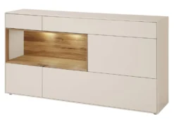 Sideboard 166x86cm 'Locarno' Wildeiche massiv & MDF creme inkl.Beleuchtung