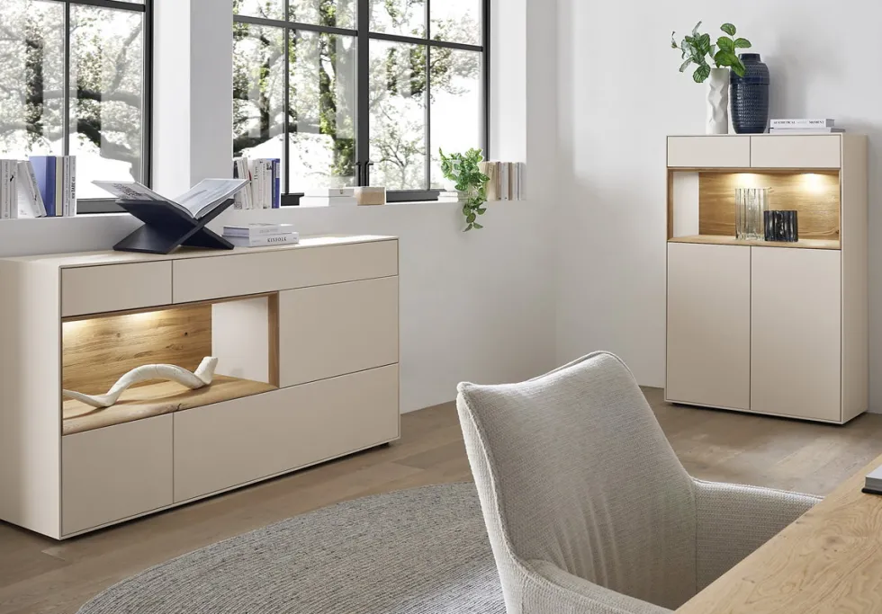 Sideboard 166x86cm 'Locarno' Wildeiche massiv & MDF creme inkl.Beleuchtung