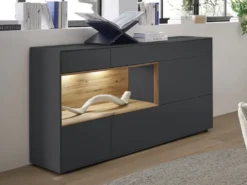 Sideboard 166x86cm 'Locarno' Wildeiche massiv & MDF anthrazit inkl.Beleuchtung