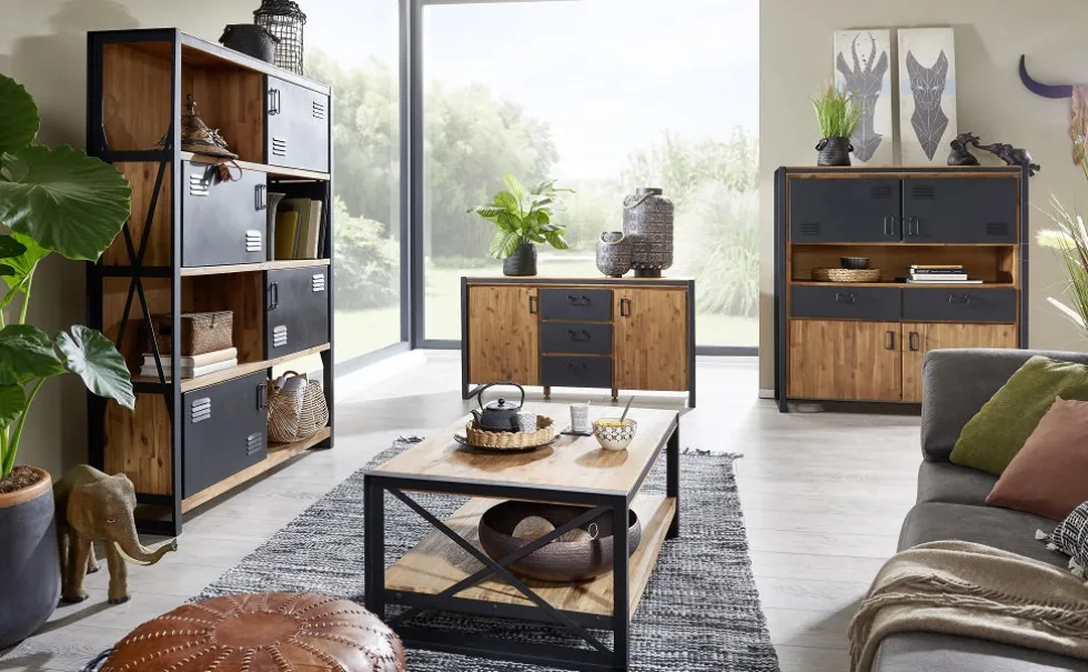 Sideboard 104x80cm 'Montreux' Akazie & Metall schwarz