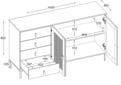 Sideboard 140x80cm 'Seattle' Kiefer massiv schwarz 4SK & 2 Türen