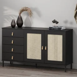 Sideboard 140x80cm 'Seattle' Kiefer massiv schwarz 4SK & 2 Türen