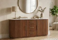 Sideboard 200x80cm "Valencia"' Mango braun lackiert & Marmor weiss 2 Türen
