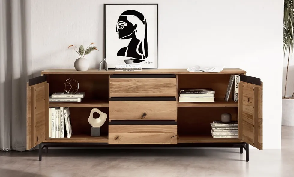 Sideboard 155x67cm 'Veneza' Wildeiche & Metall schwarz