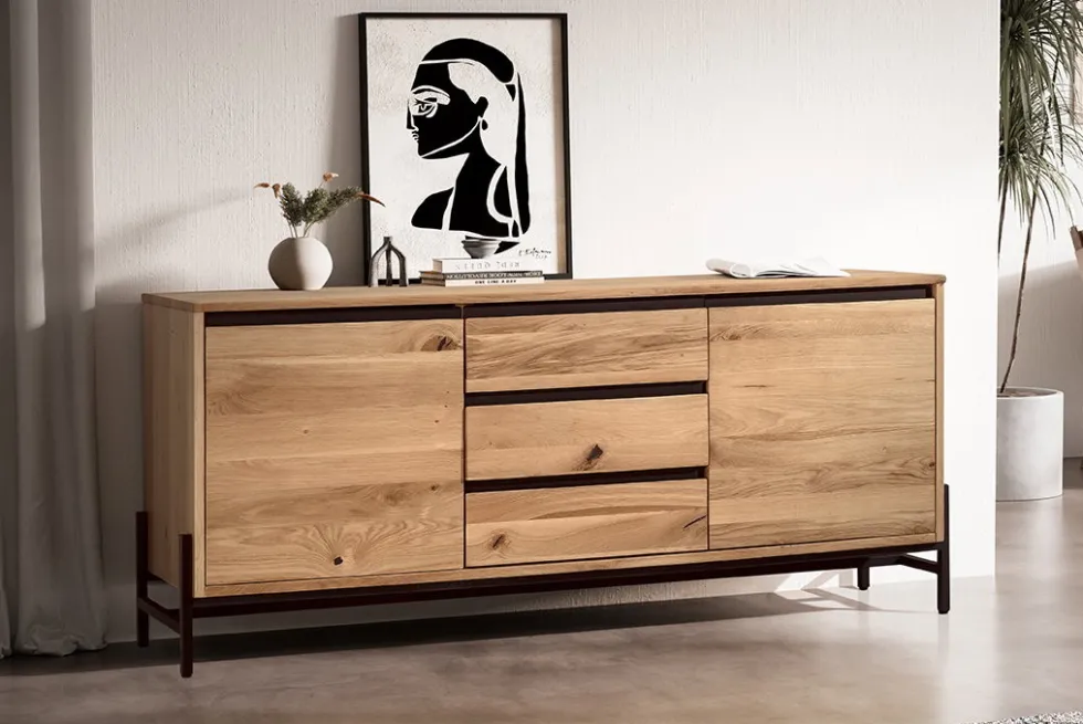 Sideboard 155x67cm 'Veneza' Wildeiche & Metall schwarz